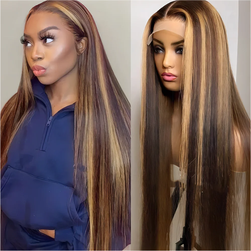 

Straight human hair P4/27 highlight wig human hair 13x6 lace frontal wigs choice wigs Preplucked 36 inch Colored Wigs