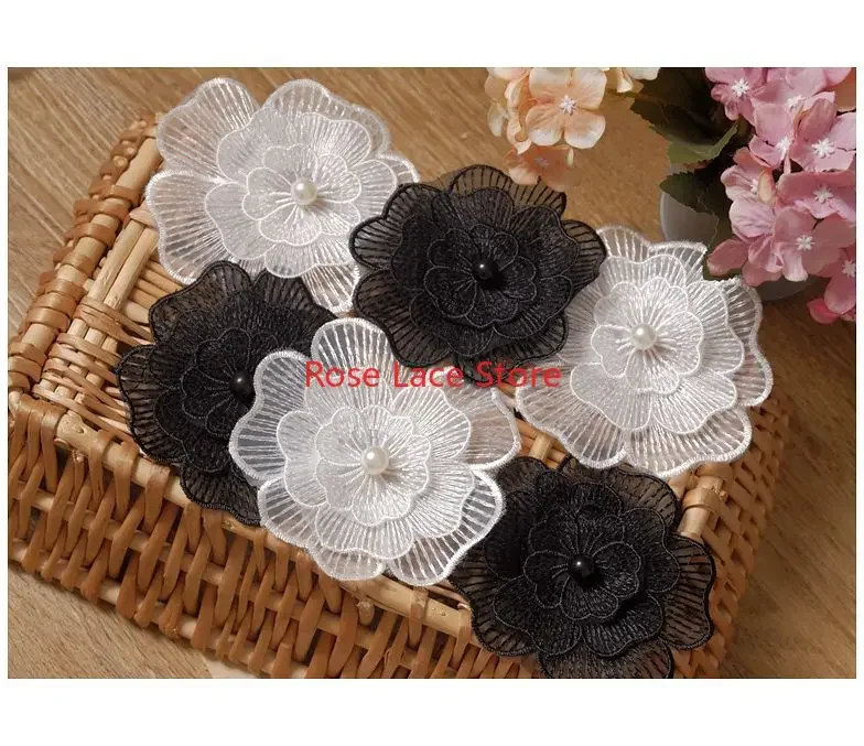 2 yards 3D flower pearl beading Lace Trim, floral embroidery  tulle lace trim, For Doll Dress,Bridal Hairband Width 3.5‘’