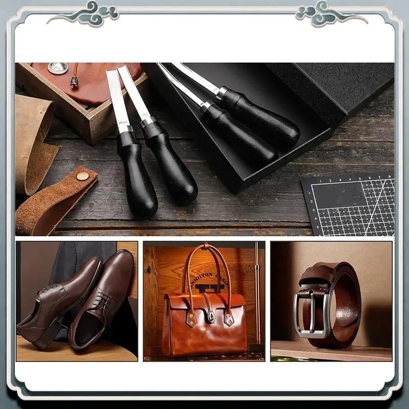 مجموعة أدوات مشطوفة بحافة جلدية مقاس AC76-4، سكين تزلج واسع الفم بمقبض خشبي، لحرف قطع ترقق الجلود