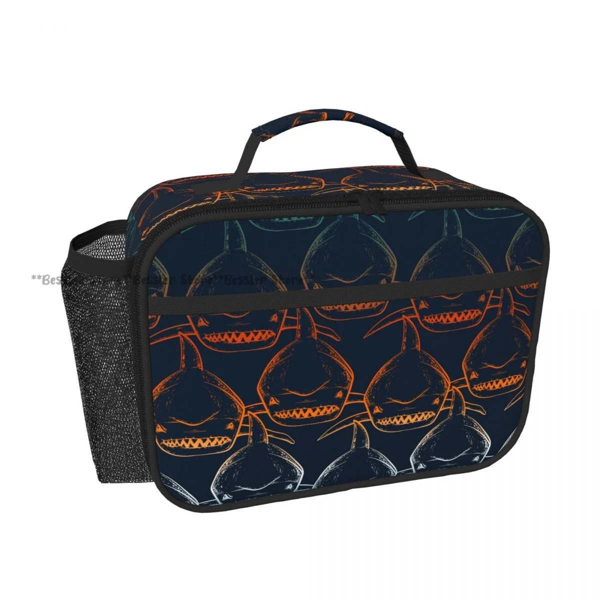 Horizontal Hand Carry Insulated Bento Lunch Bag Abstract Shark Sea Predator Thermal Reusable Meal Container Bag