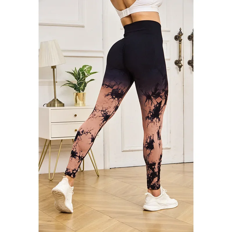 Mallas deportivas de Yoga con tinte anudado para mujer, mallas deportivas de cintura alta para gimnasio, entrenamiento, correr, levantamiento de cadera, medias de punto con gradiente