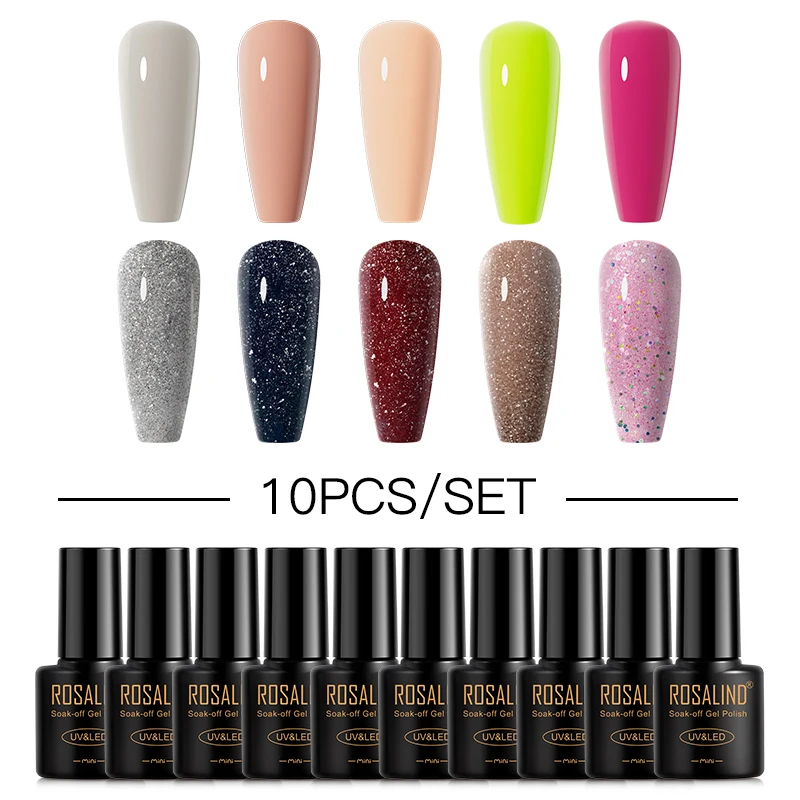 

ROSALIND 10PCS Mini Colorful Gel Nail Polish Set Glitter Semi Permanent UV Gel Varnish Soak Off Nail Art Colors Kit Selection