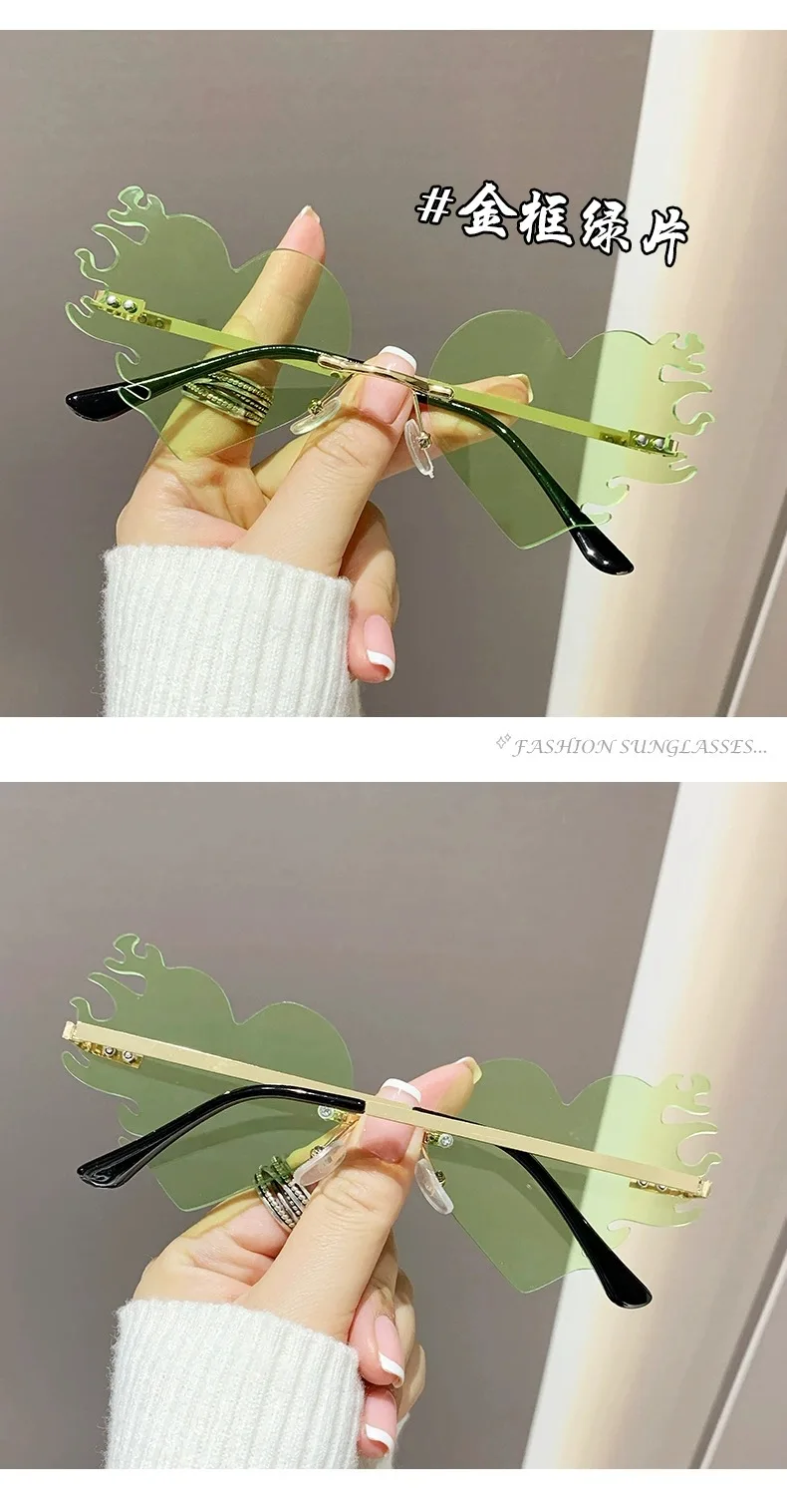 Neue Randlose Herz-Sonnenbrille mit Metallrahmen für Damen und Herren, Flammen-Sonnenbrillen für Frauen und Männer, Party- und Reisebrillen – Detail 11