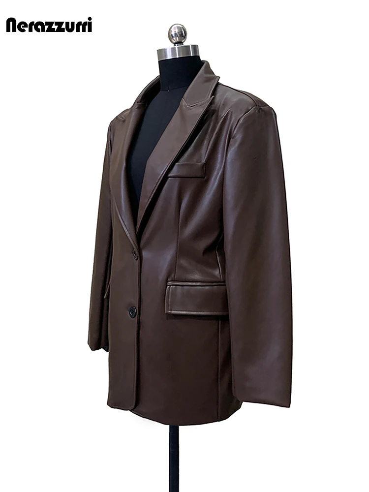 Nerazzurri Spring Autumn Brown Hard Pu Leather Blazer Coat for Women Shoulder Pads Single Breasted Luxury Designer Clothes 2026