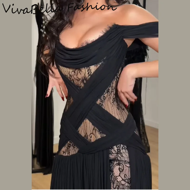 

Сексуальное кружевное ажурное платье макси для женщин с открытыми плечами и высоким разрезом трапециевидной формы Элегантные вечерние платья Модные вечерние клубные женские длинные платья