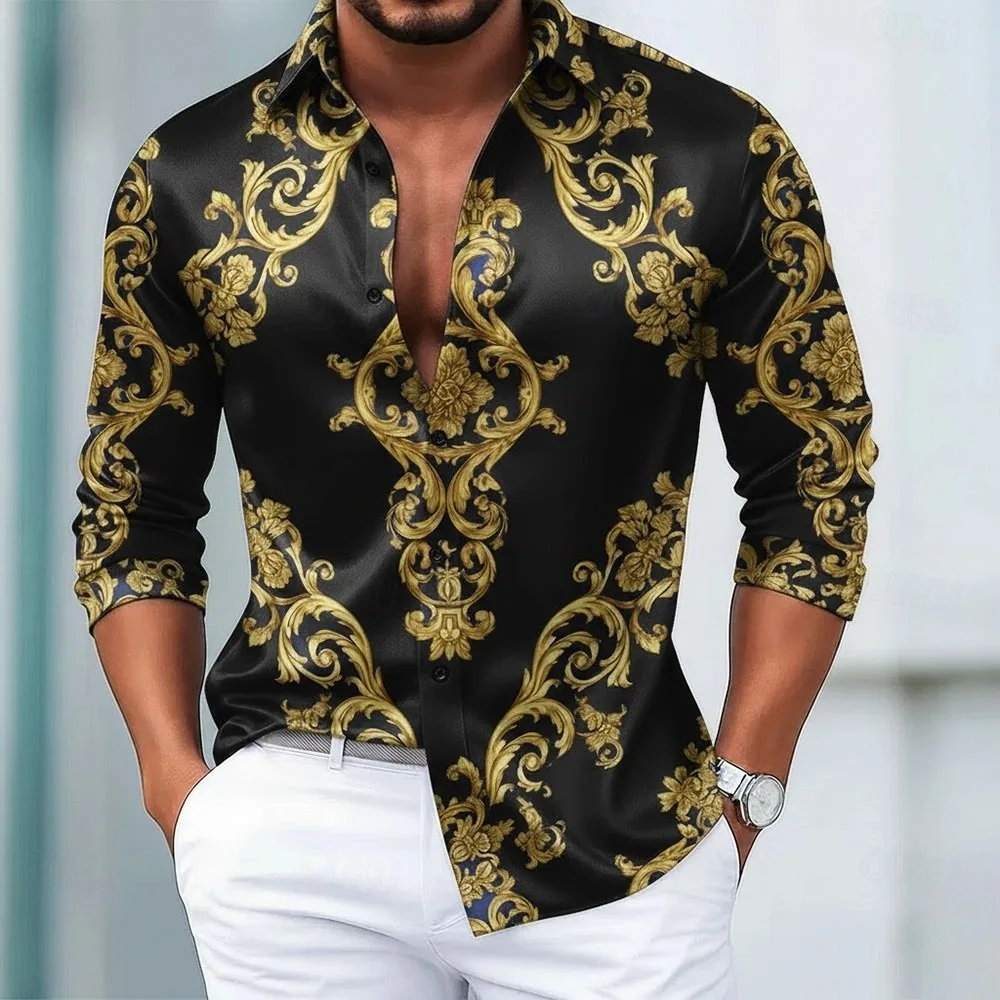 

Men's New Fashionable Baroque Shirt Satin Shirt Long Sleeve Retro Holiday Day Wear Autumn Folding 3D Printed Button Shirt