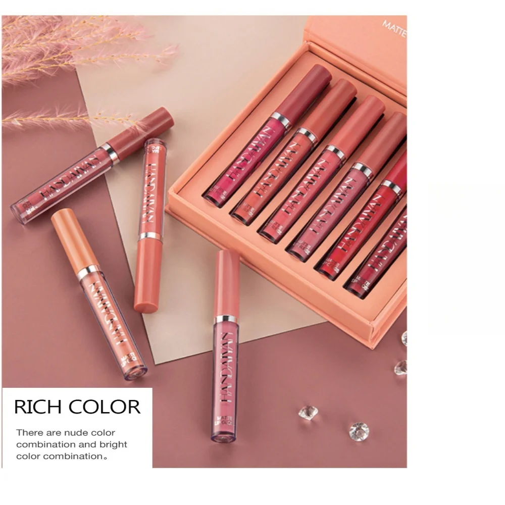 مجموعة ملمع شفاه غير لامع من HANDALYAN مكونة من 6 ألوان مع كوب غير لاصق يدوم طويلاً ومقاوم للماء وسهل تلوين أحمر شفاه Liguid