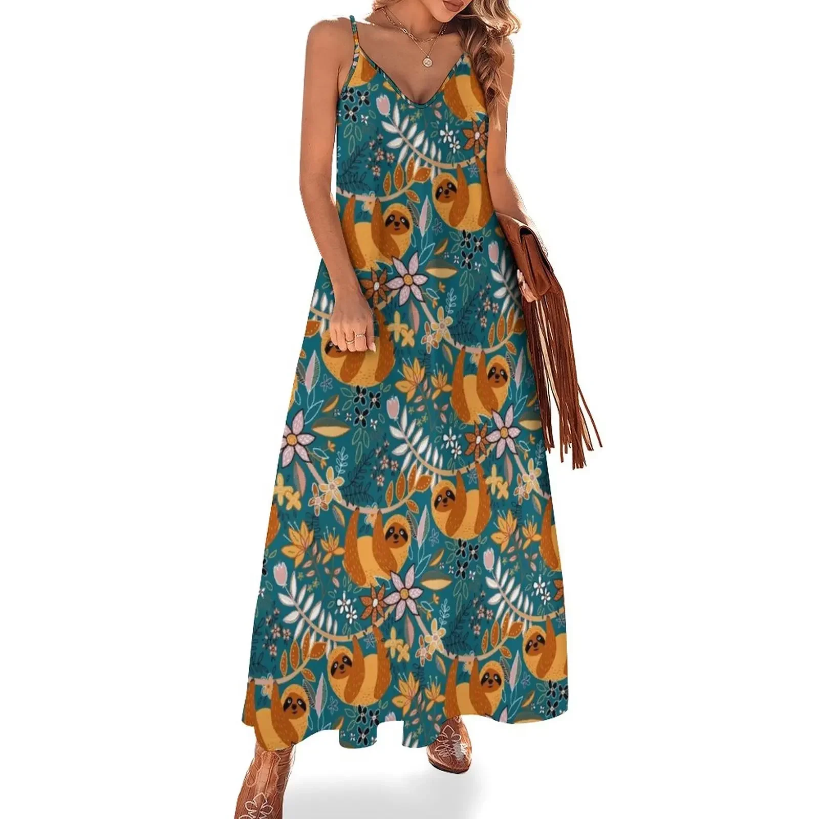 

Happy Boho Sloth Floral Sleeveless Dress Women's clothing Female clothing Dress