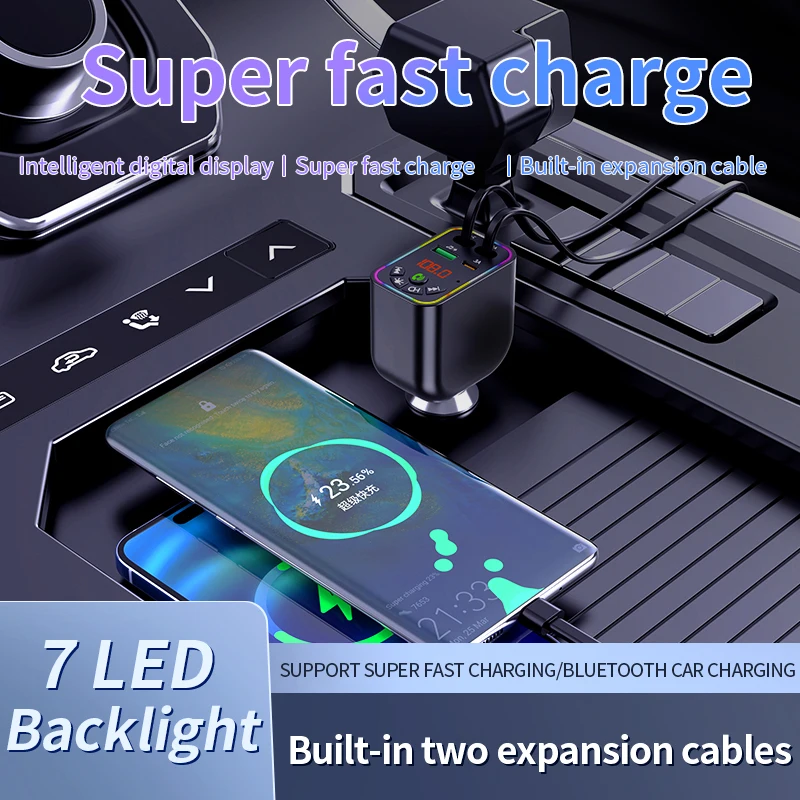 Car MP3 Player Hi-Fi Stereo Music Player Wireless Hands Free Call Car Fast Charger Retractable Cables For iPhone Xiaomi Huawei