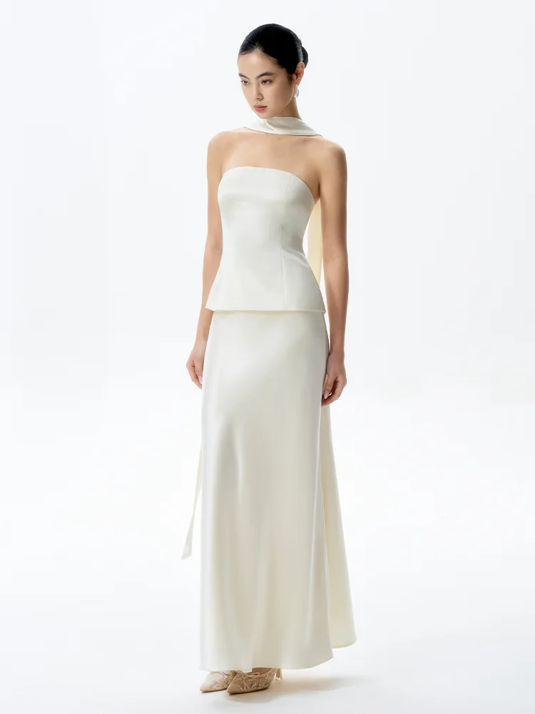 

TANSSHOP Creamy Neck Satin Set Strapless Waist-Cinched Top Fish-Tail Skirt Two-Piece Set Women's Fashion Spring Outfit