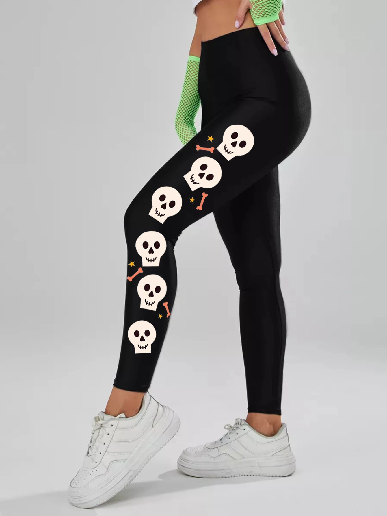 

Модные повседневные облегающие брюки с высокой талией и девятью дюймов в форме черепа с цифровым принтом на Хэллоуин