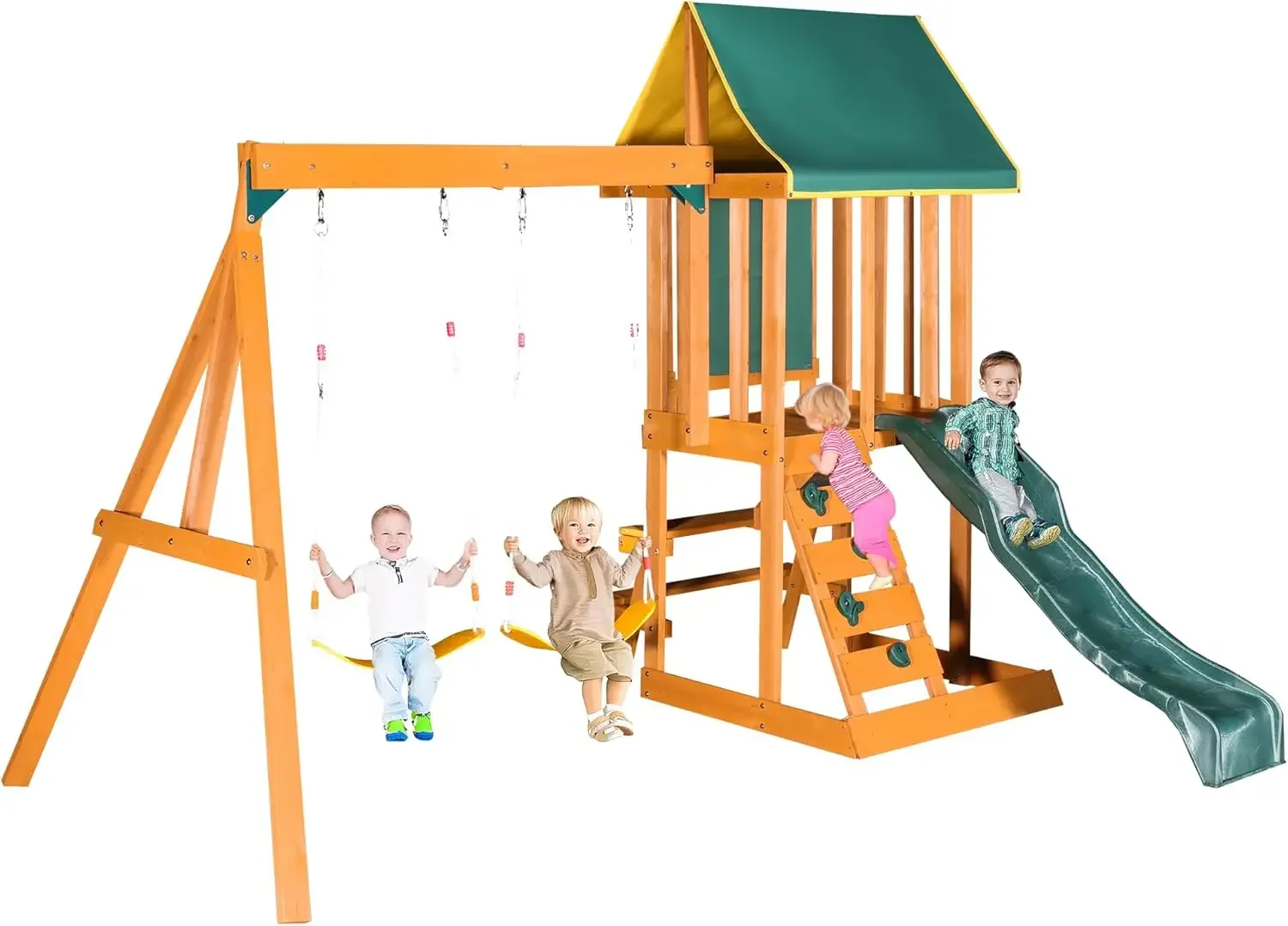 

Деревянные наборы игровых площадок для заднего двора, набор качелей и горки 3 в 1, уличный игровой набор для заднего двора в саду, зеленый