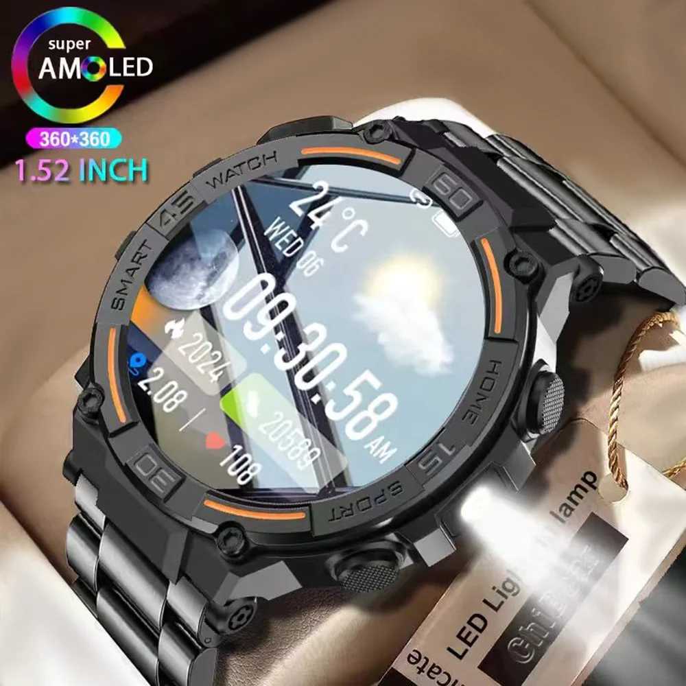 

LAXASFIT Men's Smart Watch 1.52-inch HD Display Sports Edition with LED Flashlight Heart Rate Monitoring Bluetooth Call 100+ Spo