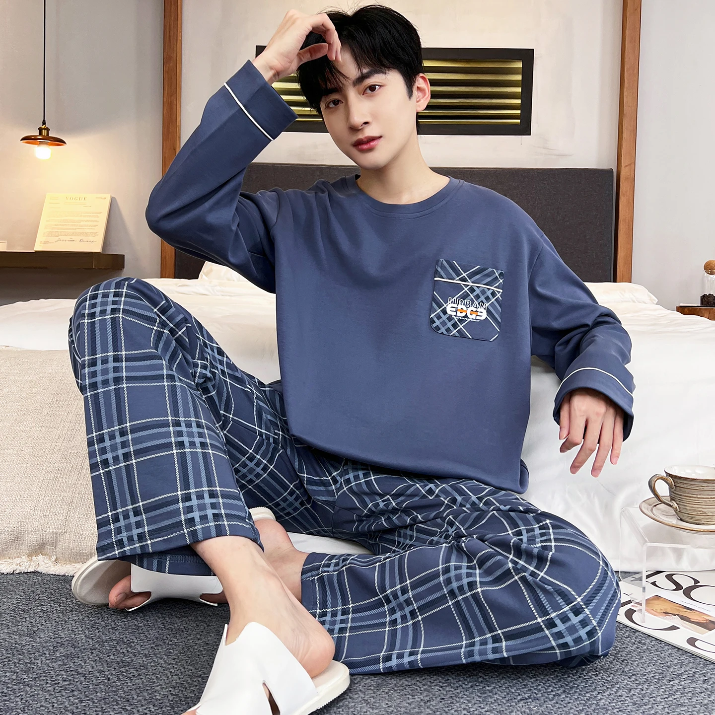 

2025 New Fashion Men's Cotton Nightwear Autumn and Spring Long Homewear Big Size L-3XL Male Plaid Trouser Long Sleeping Top