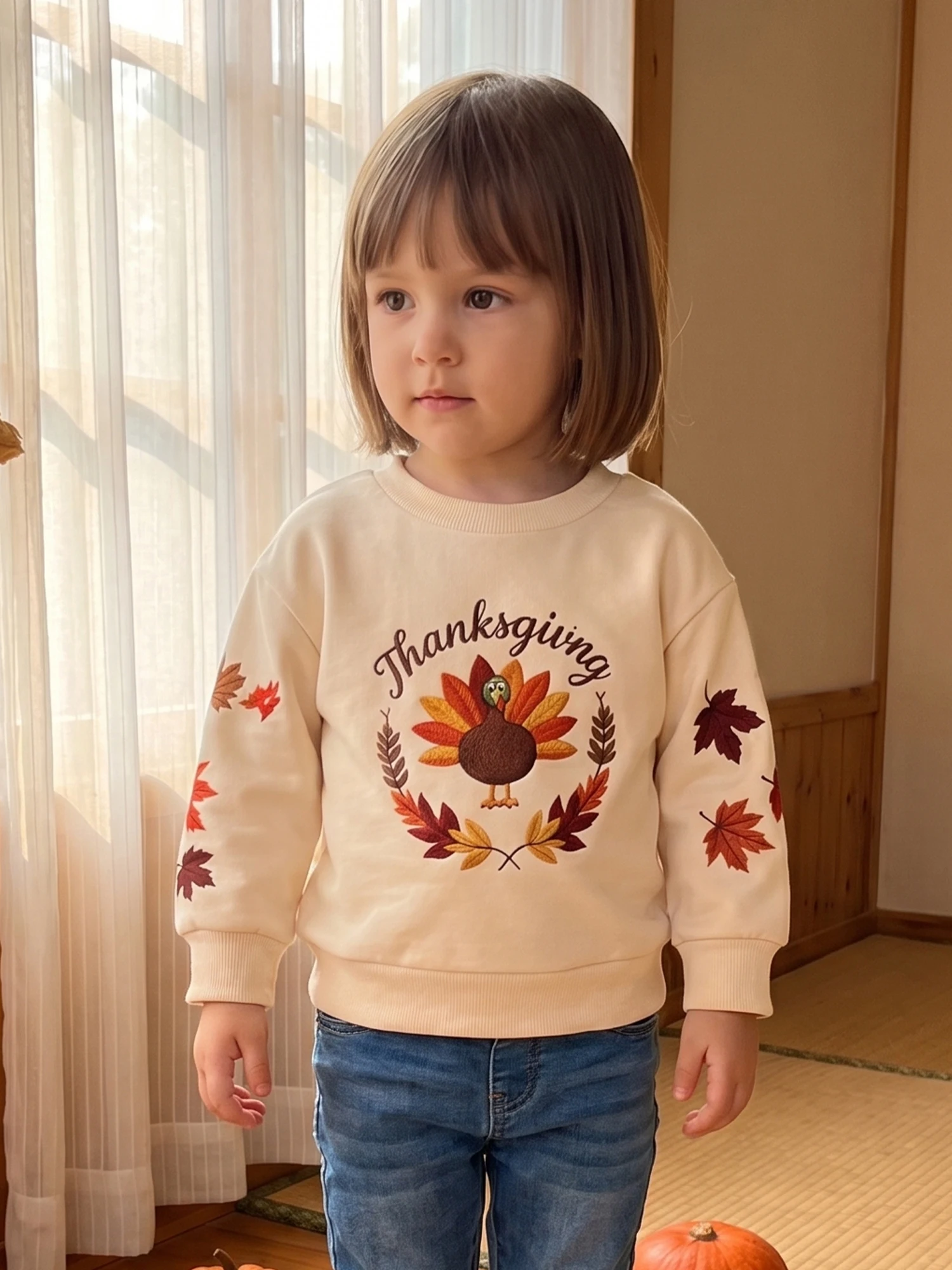 Girl Turkey Embroidery Embroidery Sleeve-Turkey-Embroidery Long-Sleeve-Turkey Thanksgiving Sweatshirts High Quality Girl