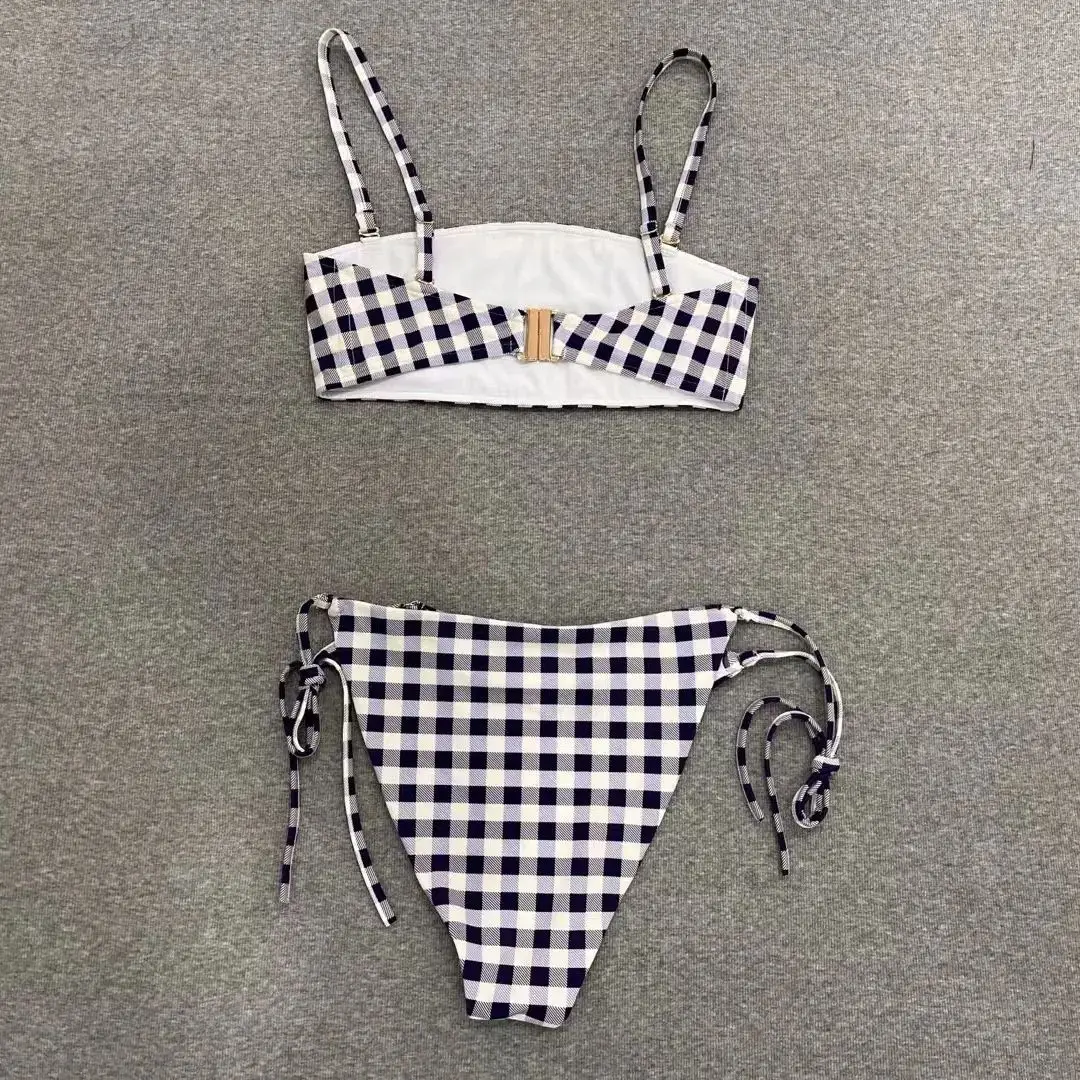 Costume da bagno diviso sexy da donna con lacci scozzesi a triangolo