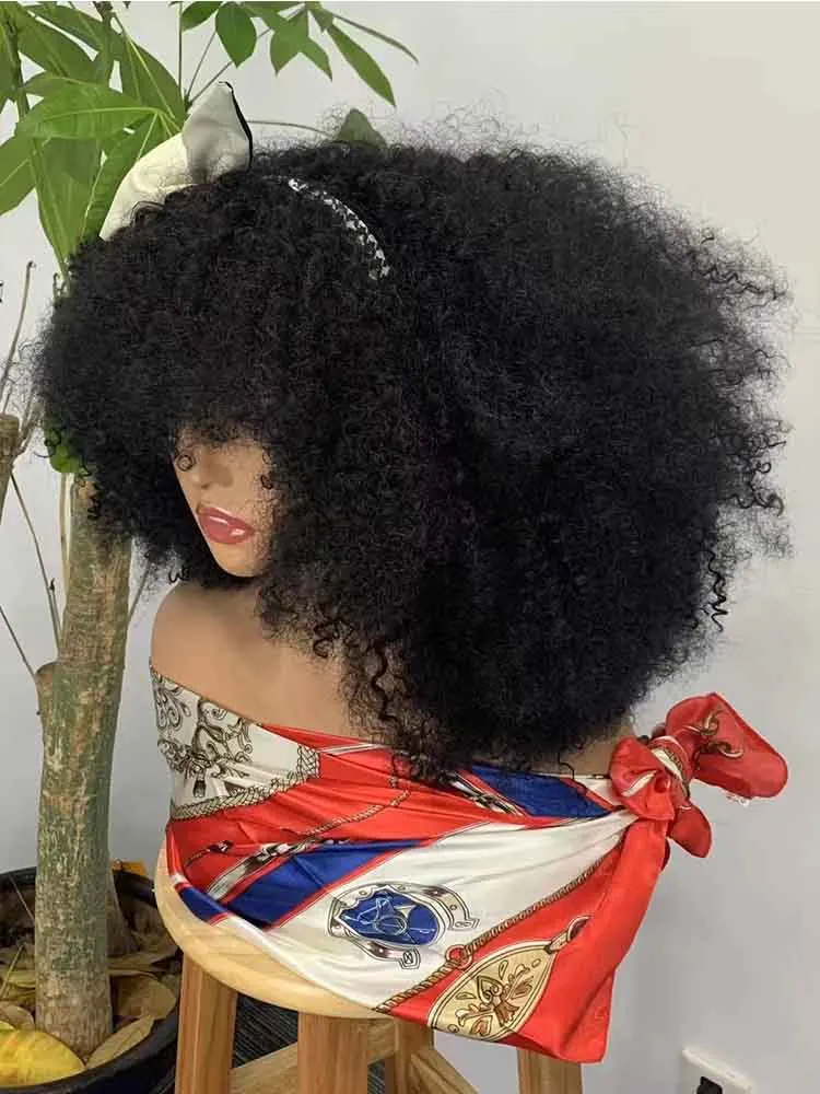 350% densité 14 pouces naturel Afro crépus bouclés perruques cheveux humains avec frange pleine Machine faite Afro bouclés brésilien 100% cheveux perruques