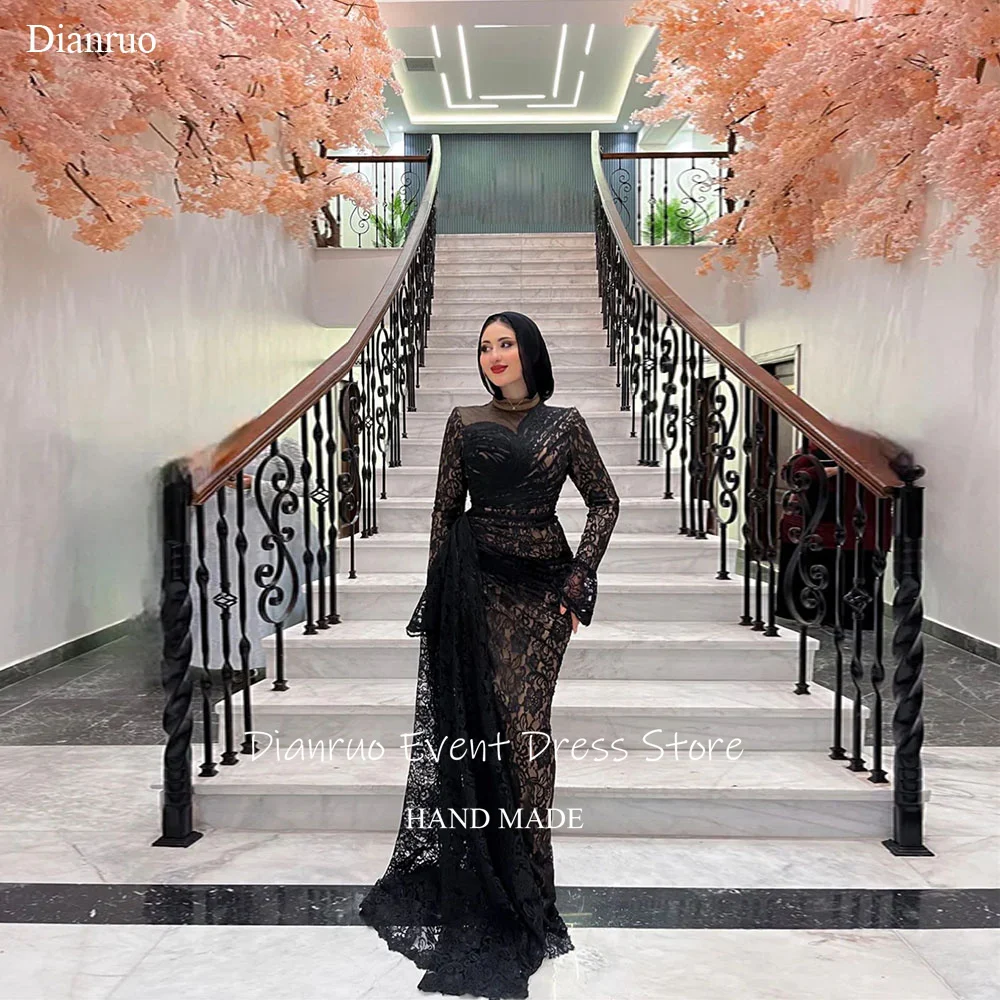 

Dianruo черные кружевные мусульманские вечерние платья современные макси с круглым вырезом Vestido De Novia Русалка плиссированные Abendkleider Дубай по индивидуальному заказу