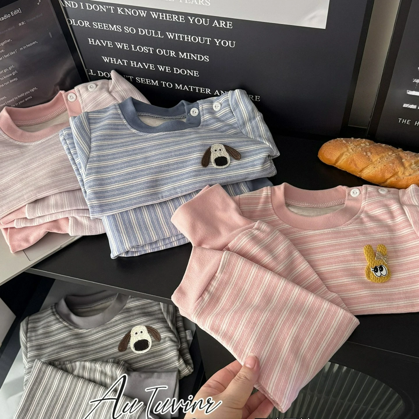 Children's Autumn Clothing Set Baby Striped Warm Top Long Pants Home Clothes for Boys Girls Pink Blue Comfortable Innerwear Set