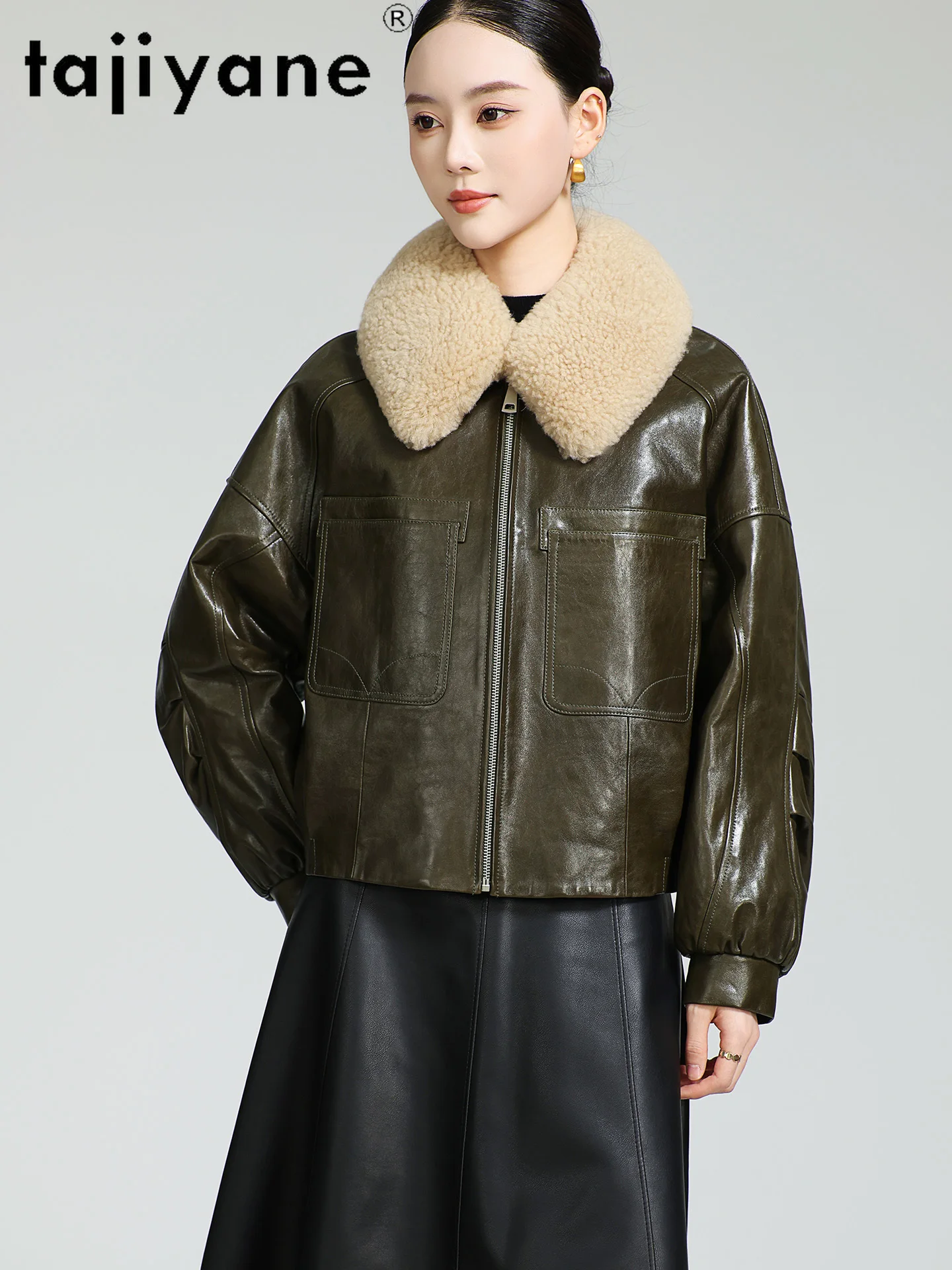 TAJIYANE 100% pelle di pecora a grana superiore Piumino d'oca bianca Donna Piumino corto in vera pelle con colletto in lana 2025 Inverno