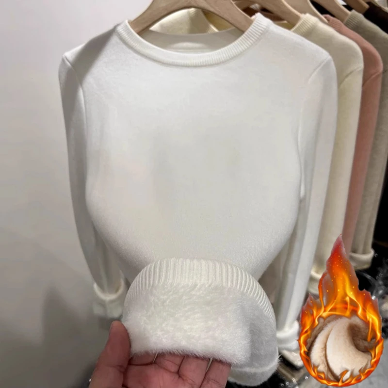 2026 Autumn Winter O-neck Knitted Pullover Women Solid Thicken Sweaters Loose Warm Long Sleeve Casual Fleece Lined Soft Pullover