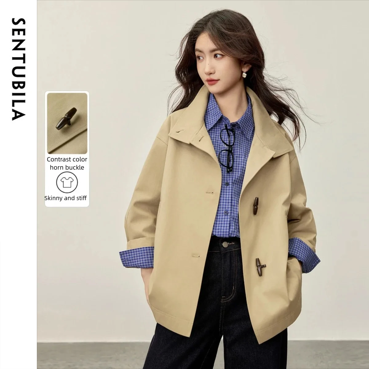 

SENTUBILA Women's British Style Horn Button Trench Autumn 2025 New Commuter Contrast Color Loose Long Sleeve Coat 153FA2127