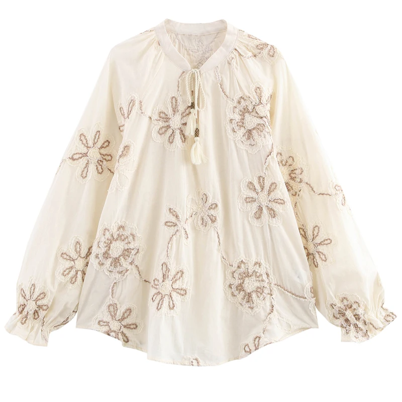 2025 Spring Women Embroidery Blouse V-Neck Long Sleeve Drawstring Neckline Casual Loose Tops Streetwear New Casual Chic Shirt