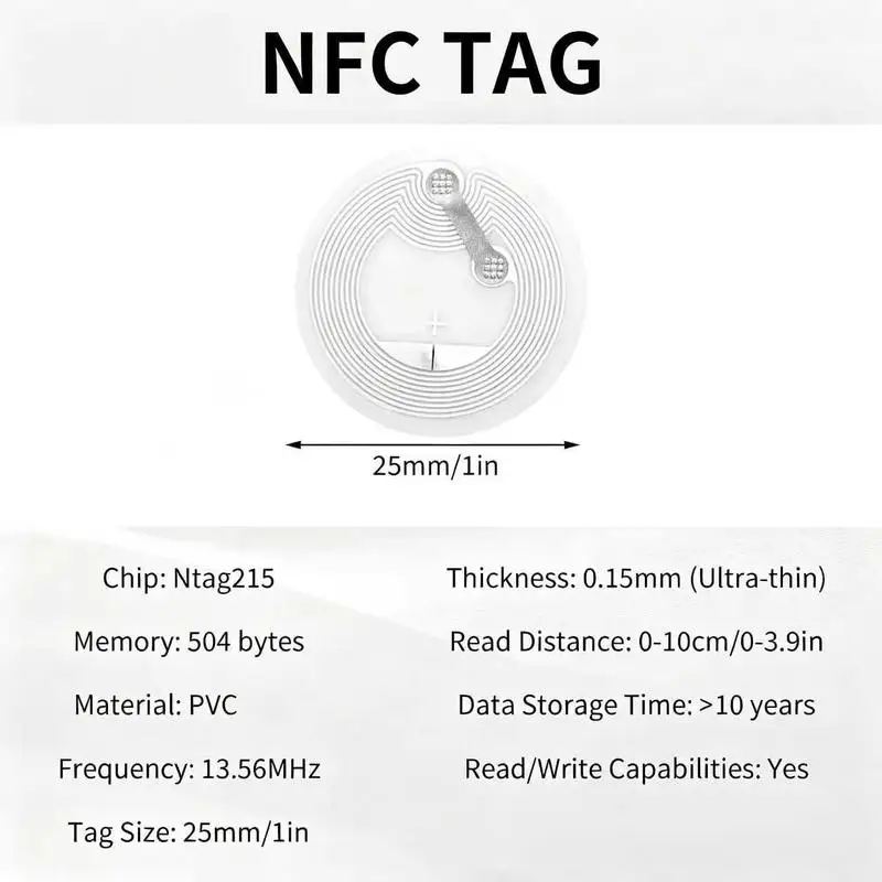 50PCS NTAG215 NFC Stickers Original 504 Bytes Blank Rewritable Adhesive NFC Tags Compatible With All NFC Smart Mobile Phones