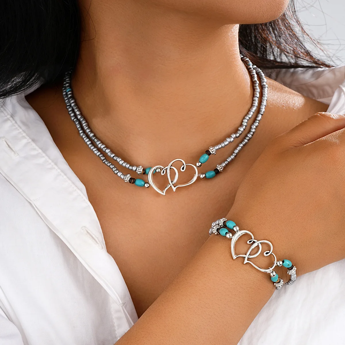

2Pcs Bohemia Turquoise Heart Bracelet Necklace For Women Hollow Double Layer Silver Color Rice Bead Jewelry Set Beach Party Gift