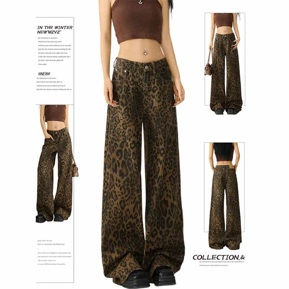 Women's Fashion Pink Leopard Print Jeans Spring Autumn Loose Fit High Waist Straight Wide Leg Floor Length Female Denim Pants