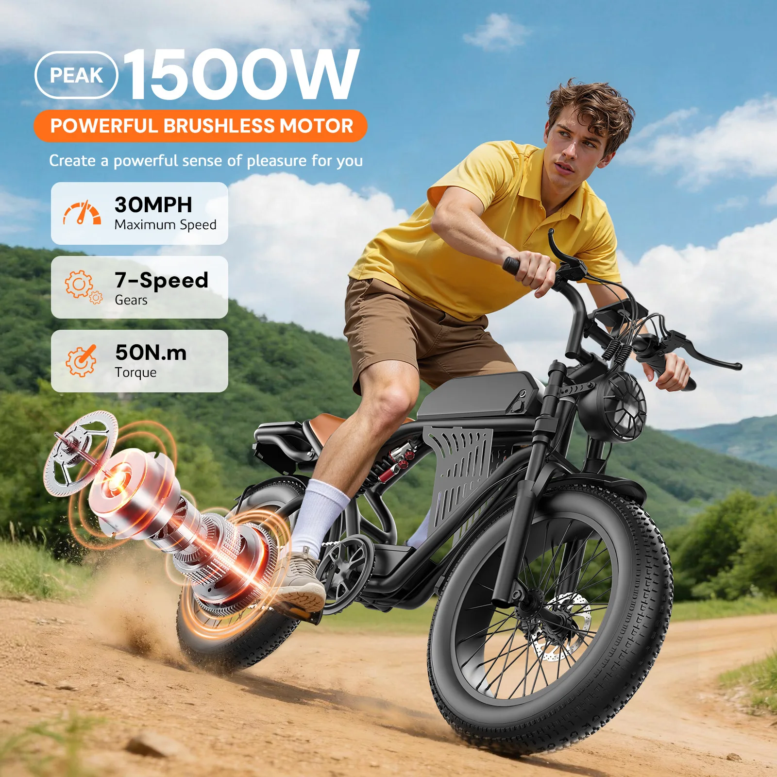 【CHIMU HOME】 20 Inch Electric Bike 1500W Tire Retro E Motorcycle for Snow Off Road High Power Long Range