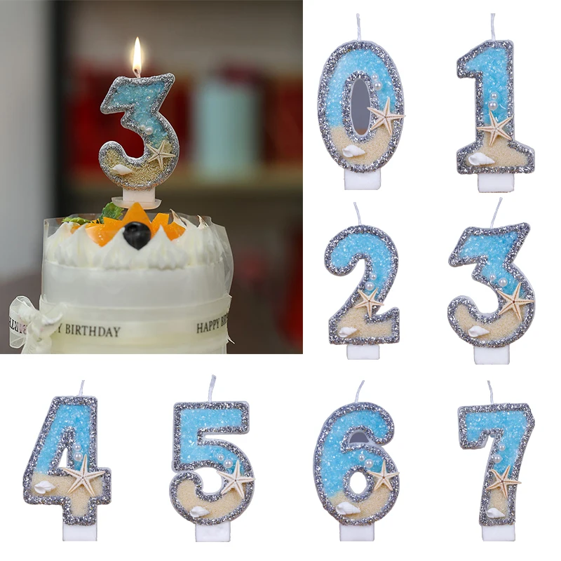 

3inch 0-9 Birthday Candle Blue Ocean Style Beach Starfish Seashells Cake Topper for Birthday Party Wedding Anniversary Supplies