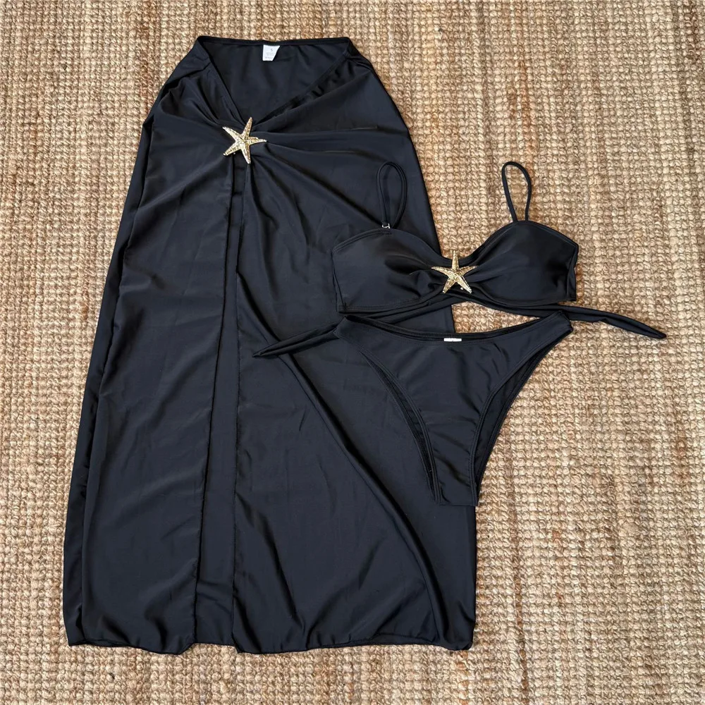 Metal Starfish White Bikinis Sets 3 Pieces Cover Up Sexy Swimsuit Women Holiday Swimwear Back Knotted Beach Wear Bikini 2025