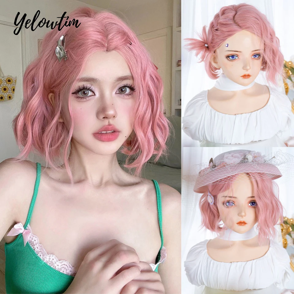 

CharmSource розовый BOBO синтетические парики короткие натуральные волнистые волосы парик для женщин вечерние повседневные высокая плотность термостойкие