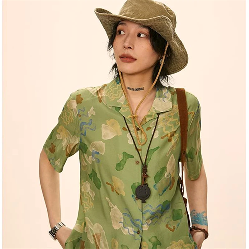 Streetwear Vintage Green Cartoon Full Print Shirts Cuba Neck Button Up Casual Blouse Summer Kawaii Tops Hawaii Vacation Clothes