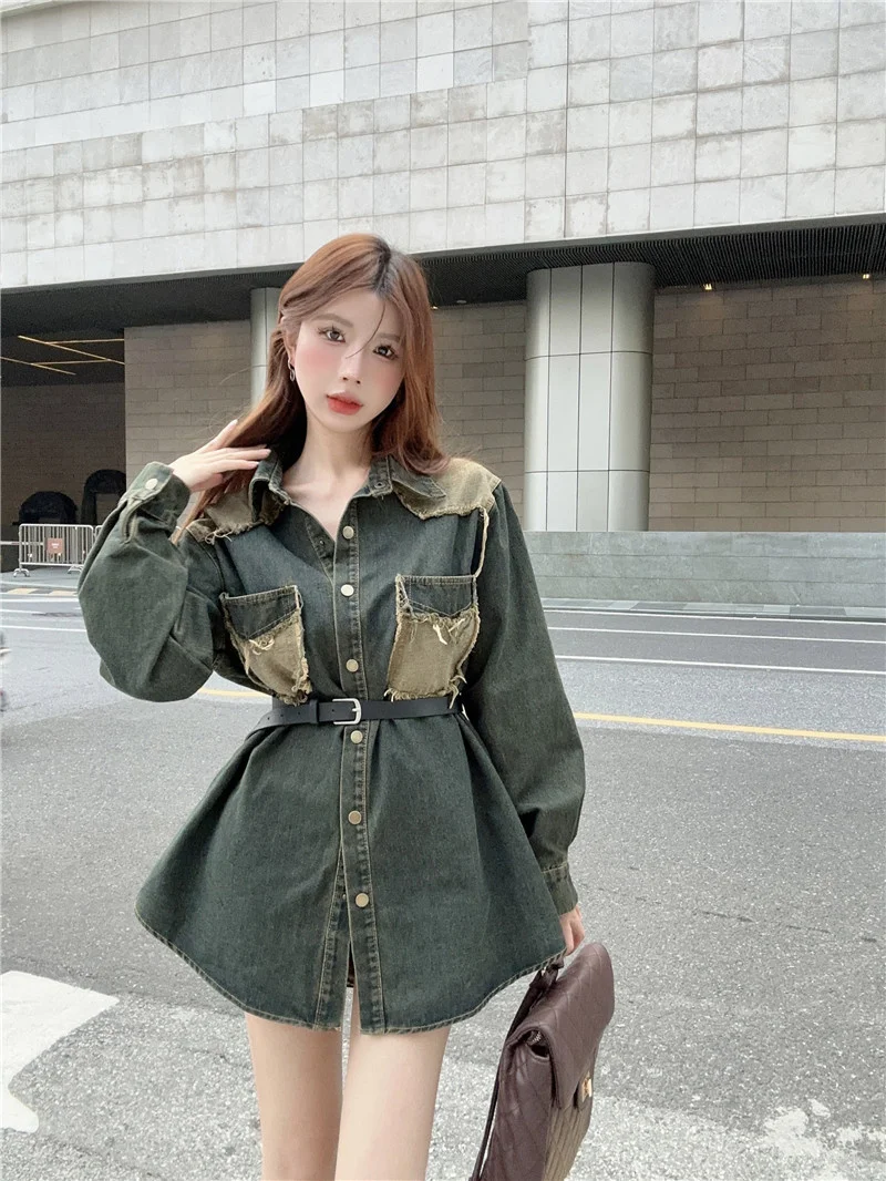 

2024 Spring New French Retro Color Block Layup Mid length Denim Shirt Women's Fashion Versatile Loose Jacket Coat Trend P316