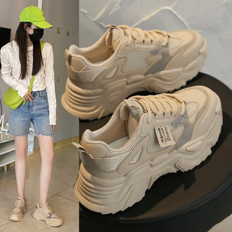 2024 Effen Kleur Mode Dames Casual Schoenen Mesh Veters Ademende Jogging Sneakers Comfortabele Platform Schoenen Tenis De Mujer