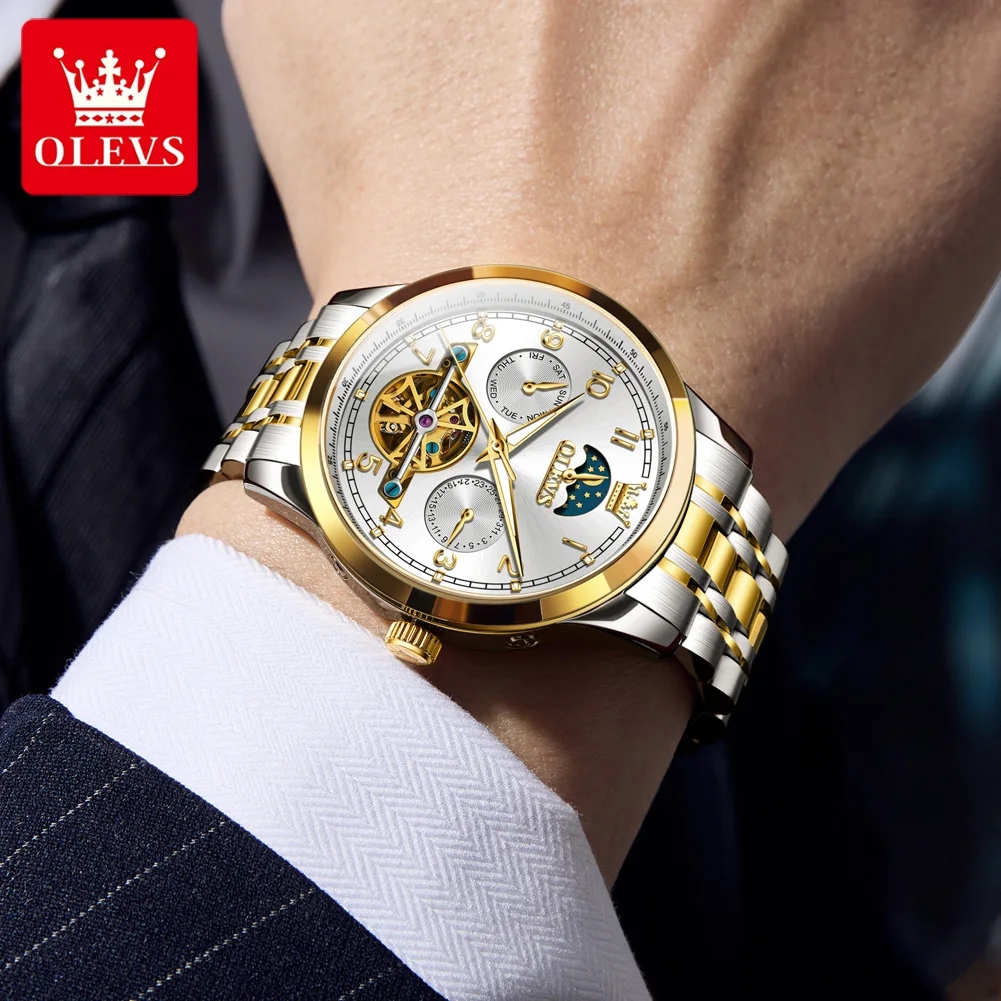 OLEVS 7071 Men Watches Original Luxury Automatic Mechanical Watches For Man Waterproof  Dual Calendar Moon phase Wristwatch New