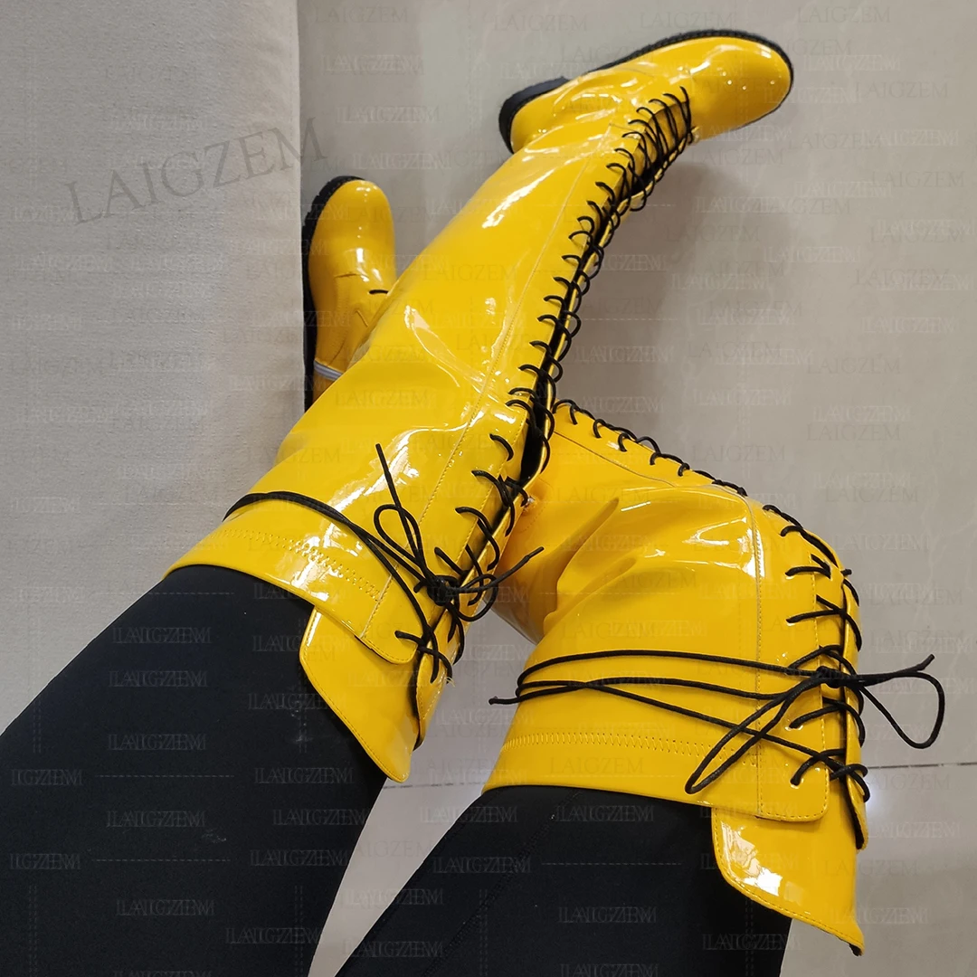 LAIGZEM النساء الفخذ الأحذية لامعة الجانب البريدي جولة تو كعب مربع الأحذية فوق الركبة للجنسين أحذية نسائية امرأة كبيرة الحجم 33 41 46 50 #4