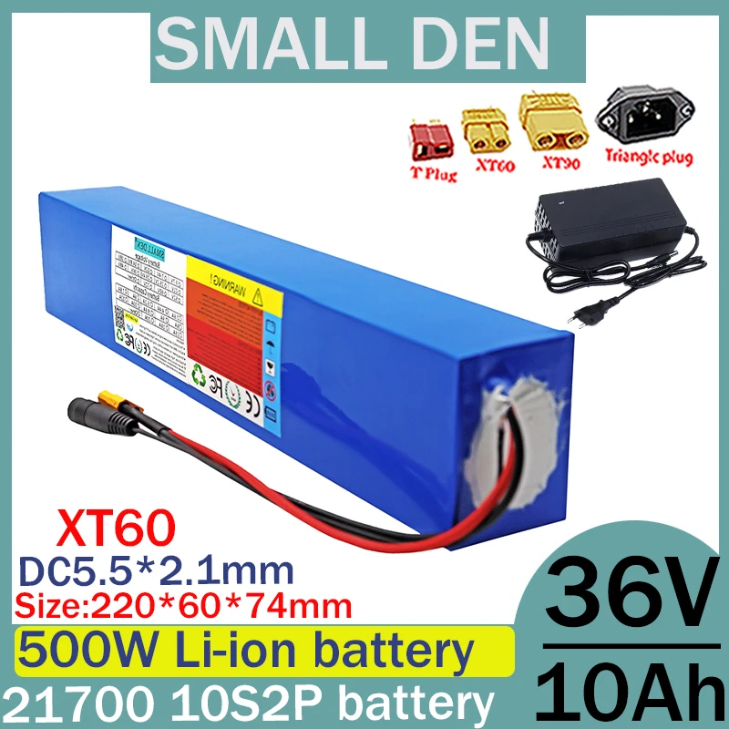 New 36V 10Ah 21700 10S2P A-class lithium battery pack,500W high-power built-in BMS,suitable for energy storage backup+2A charger