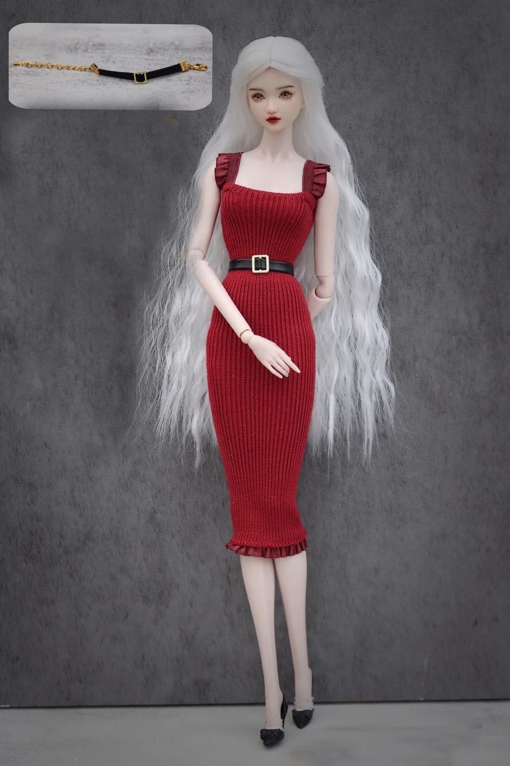 Red knitting Slim dress + belt / 100% handmade 30cm doll clothing summer wear outfit For 1/6 Xinyi FR ST Barbie Doll clothes