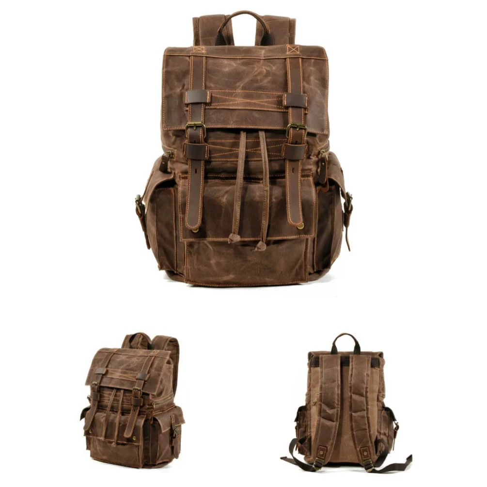 

Retro American Japanese Style Wax Canvas Backpack Unisex Travel Computer Mad Genuine Leather Bag Sports Trendy