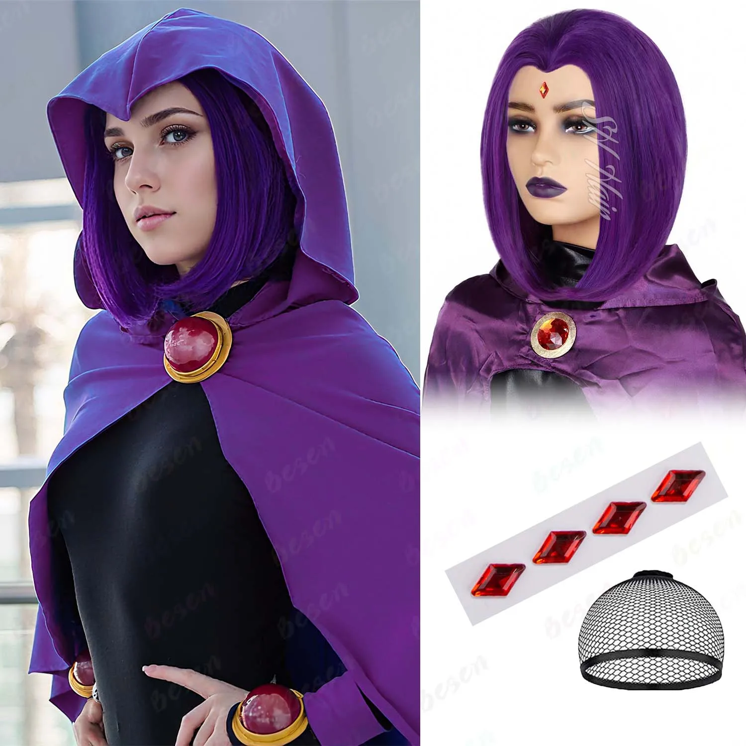 Synthetic Purple Bob Wig with Ruby Sticker for Women Dark Purple Anime Wigs for Costume Party Halloween Use, Raven Costume wig