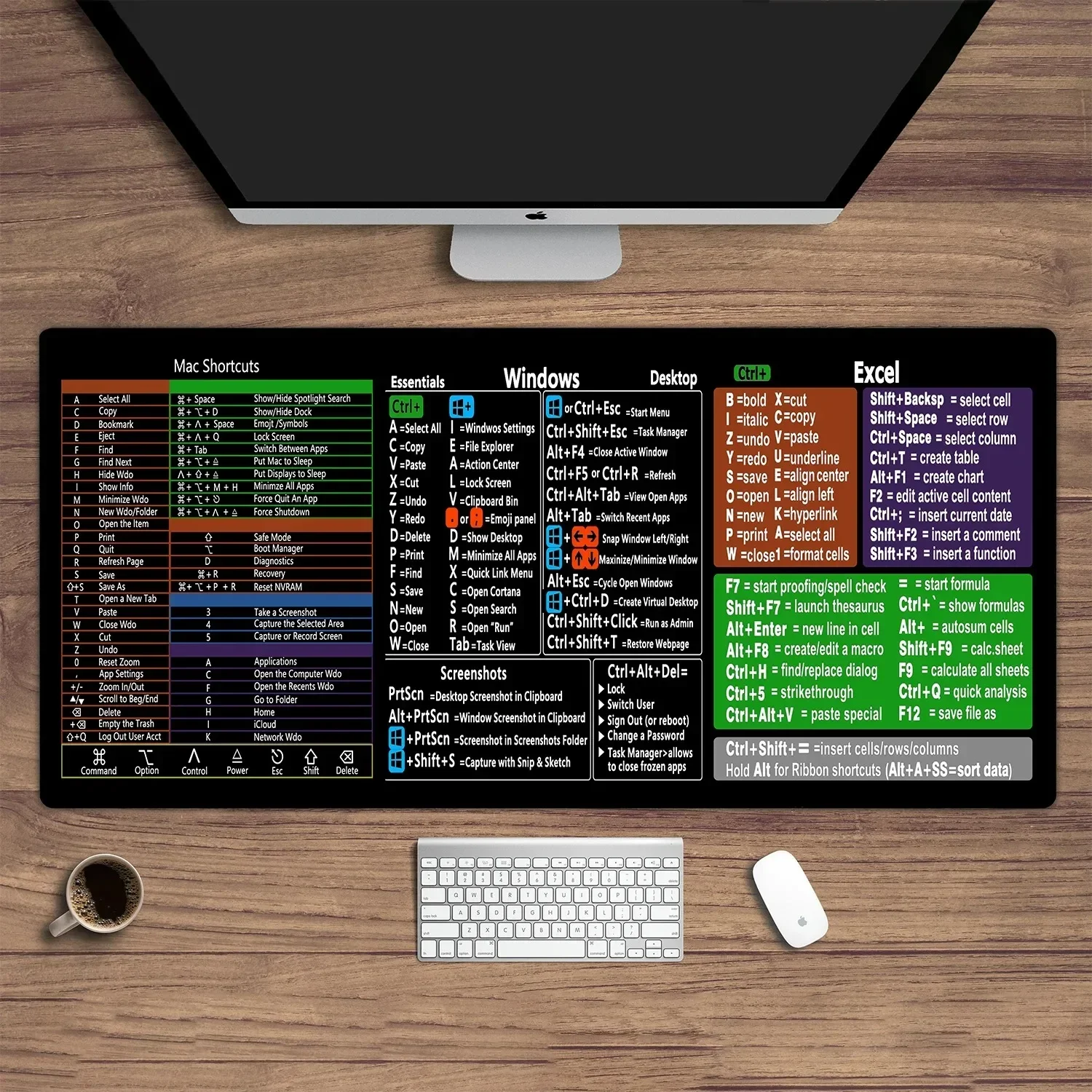 PC Keyboard Shortcuts Desk Mat Windows and Excel Office Mouse Pad Large Table 100X50 Mausepad with Seamed Anti-slip Computer Rug