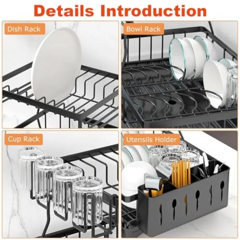 2-Tier Large Capacity Dish Drying Rack with Drainboard, Heavy-Duty Black Kitchen Organizer with Utensil & Cup Holders