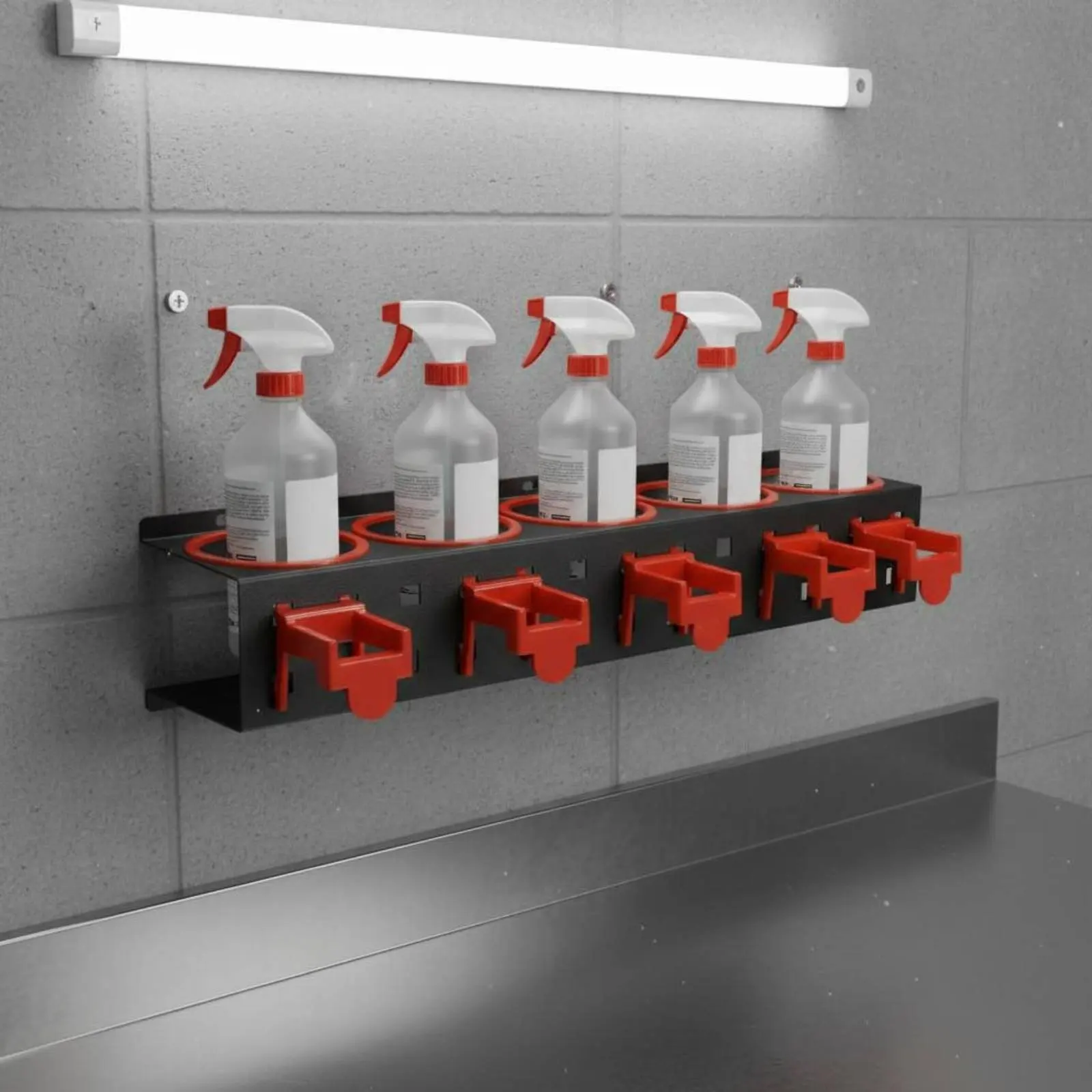 

5-Hole Bottle and Dispenser Hanger Large Capacity 5-Hole Bottle Hanger Cleaning Supply Organizer Safeguarding Rim Design