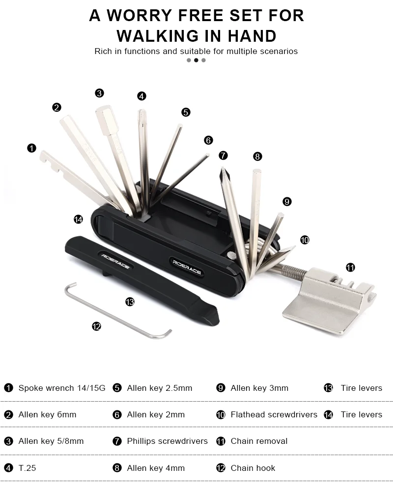 RIDERACE Bike Repair Tool 15 in 1 Portable Chain Splitter Cutter Hex Spoke Wrench Screwdriver Multitool For Bicycle Multi Tools