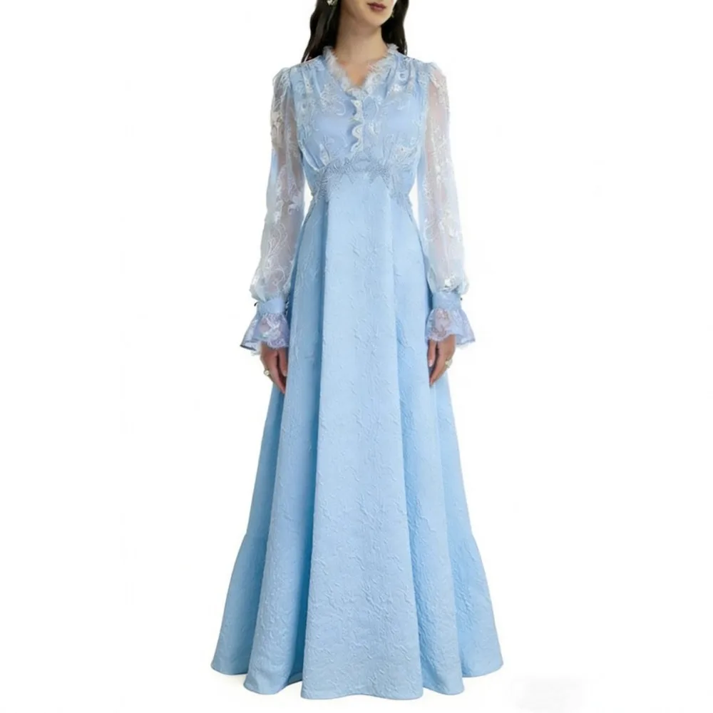 VGH Elegante Fee Jacquard Kanten Jurken voor Vrouwen V-hals Lange Mouw Gesplitst Sheer Mesh Slanke A-lijn Maxi Formele Jurk Vrouwelijke Nieuwe