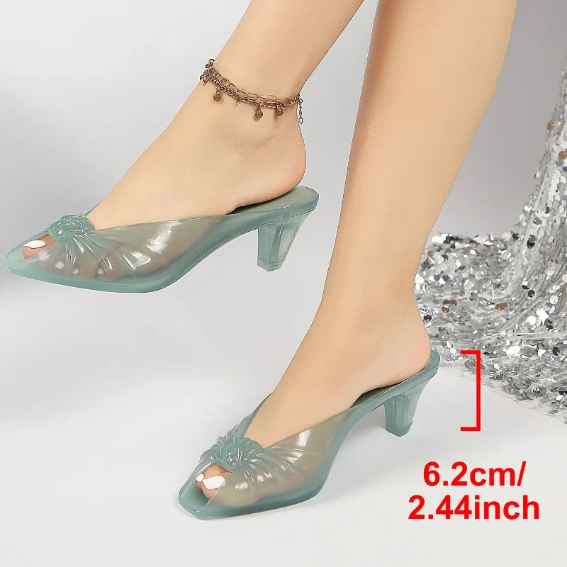 2026 Women Transparent Jelly Mule Heels Peep Toe Clear Kitten Heel Slide Sandals Waterproof Slip on Jelly Shoes Casual Summer