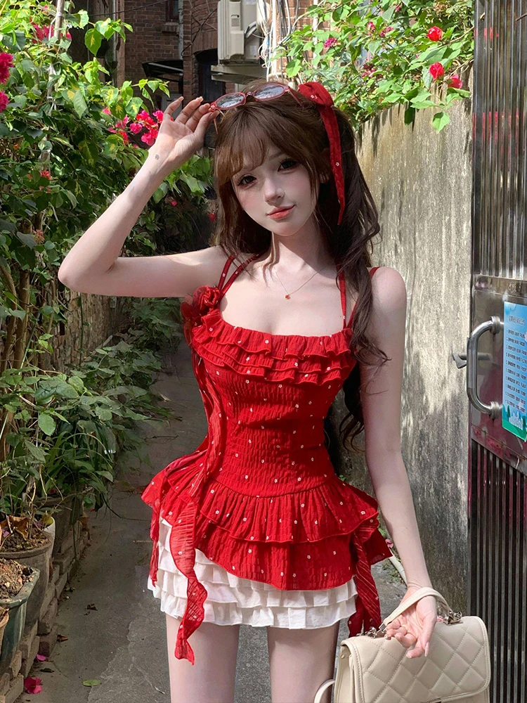 

Red Cake Skirt Set Women's Slim Fit Bridesmaid Dres Sweet Sle High Waist Summer Casual Faion plus Size SYJ ujia